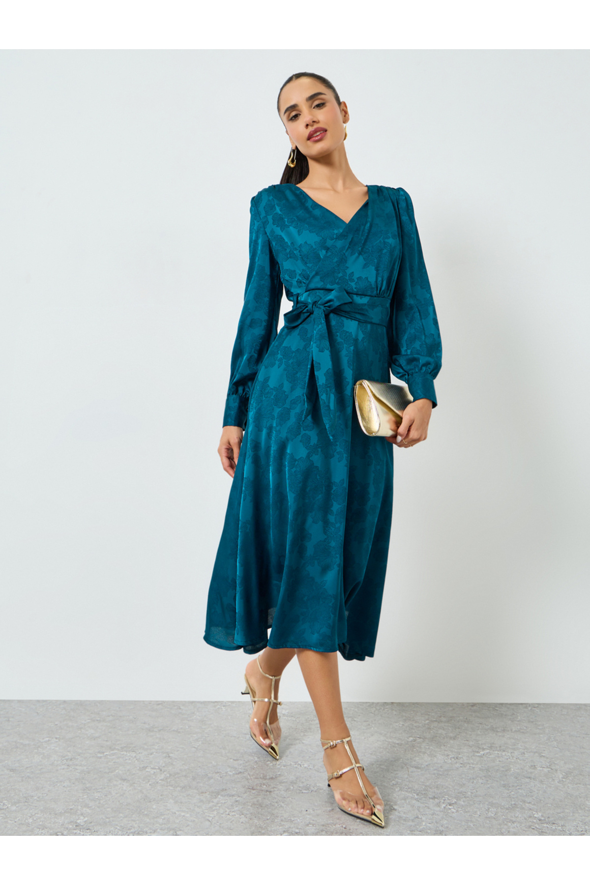 Styli Teal Jacquard Wrap Midi Dress