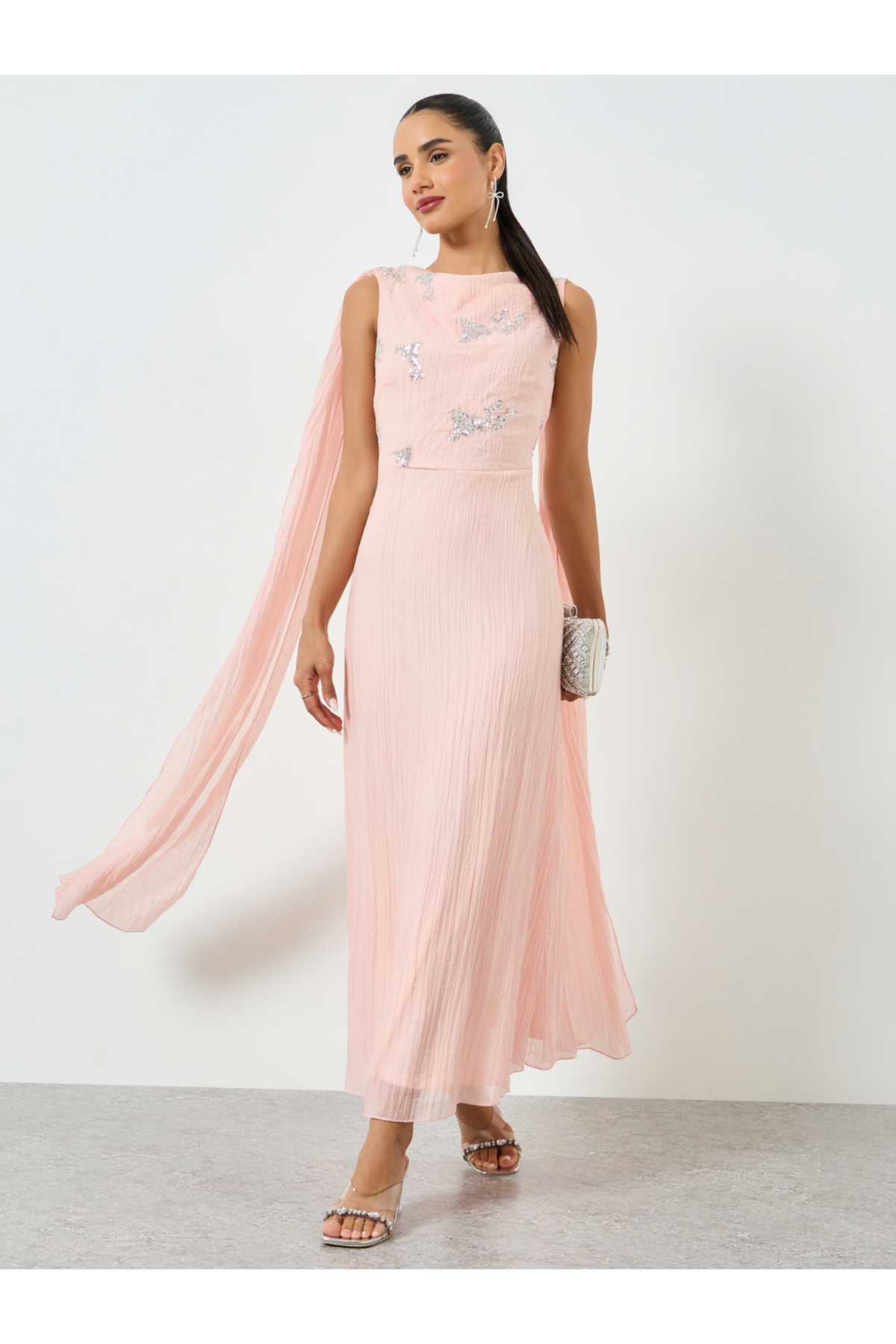 Styli Pink Sequin Embellished Sleeveless Maxi Dress with Cape