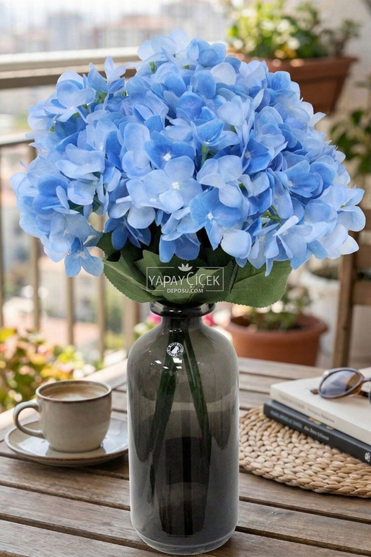 Artificial Flower 5 Branches Wet Cornales Veined Hydrangea Bundle 45 cm Navy