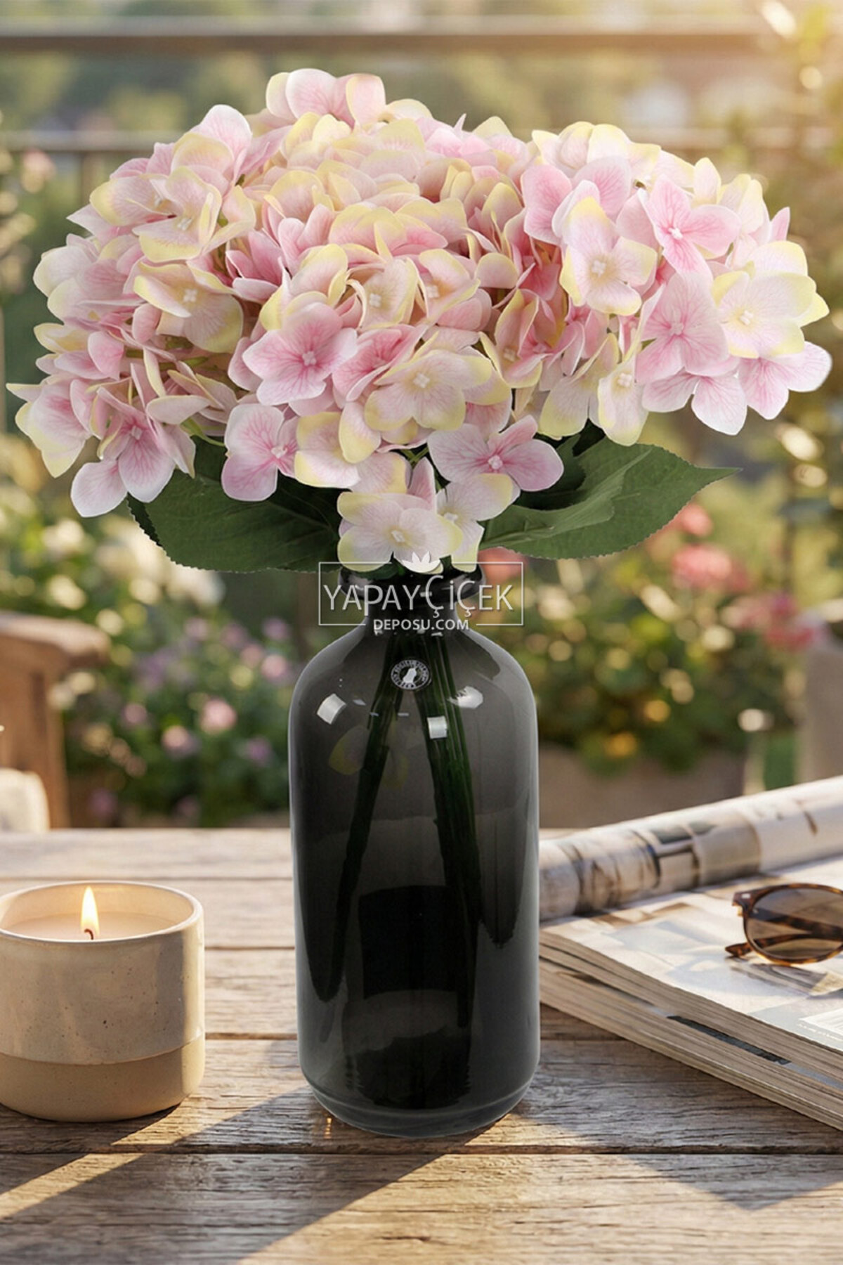 Artificial Flower 5 Branches Wet Cornales Veined Hydrangea Bundle 45cm Pink-Yellow