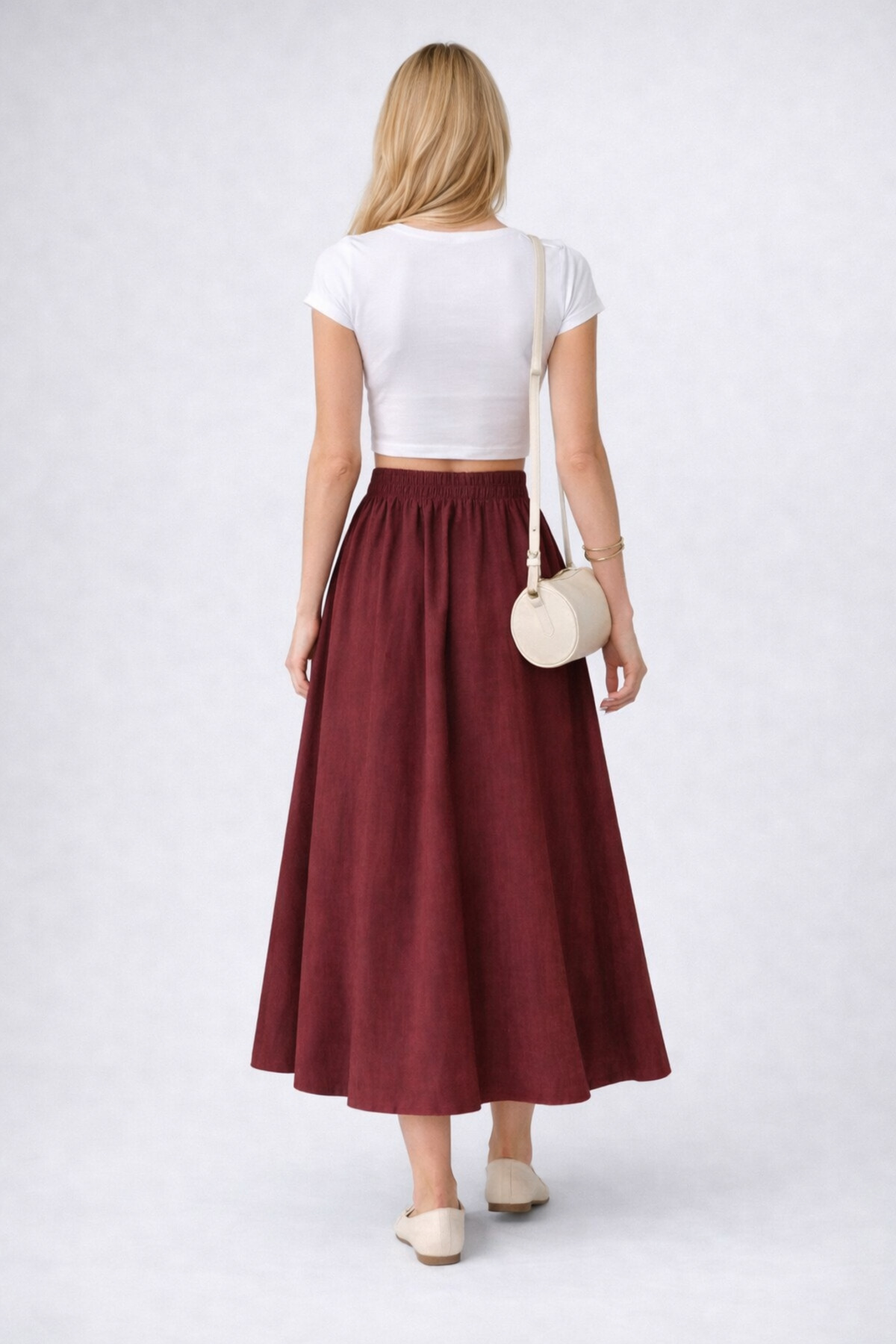mor butik  Kadın Bordo Maxi Etek Double Kumaş – Rahat Kalıp Lastikli Bel - Görsel 3
