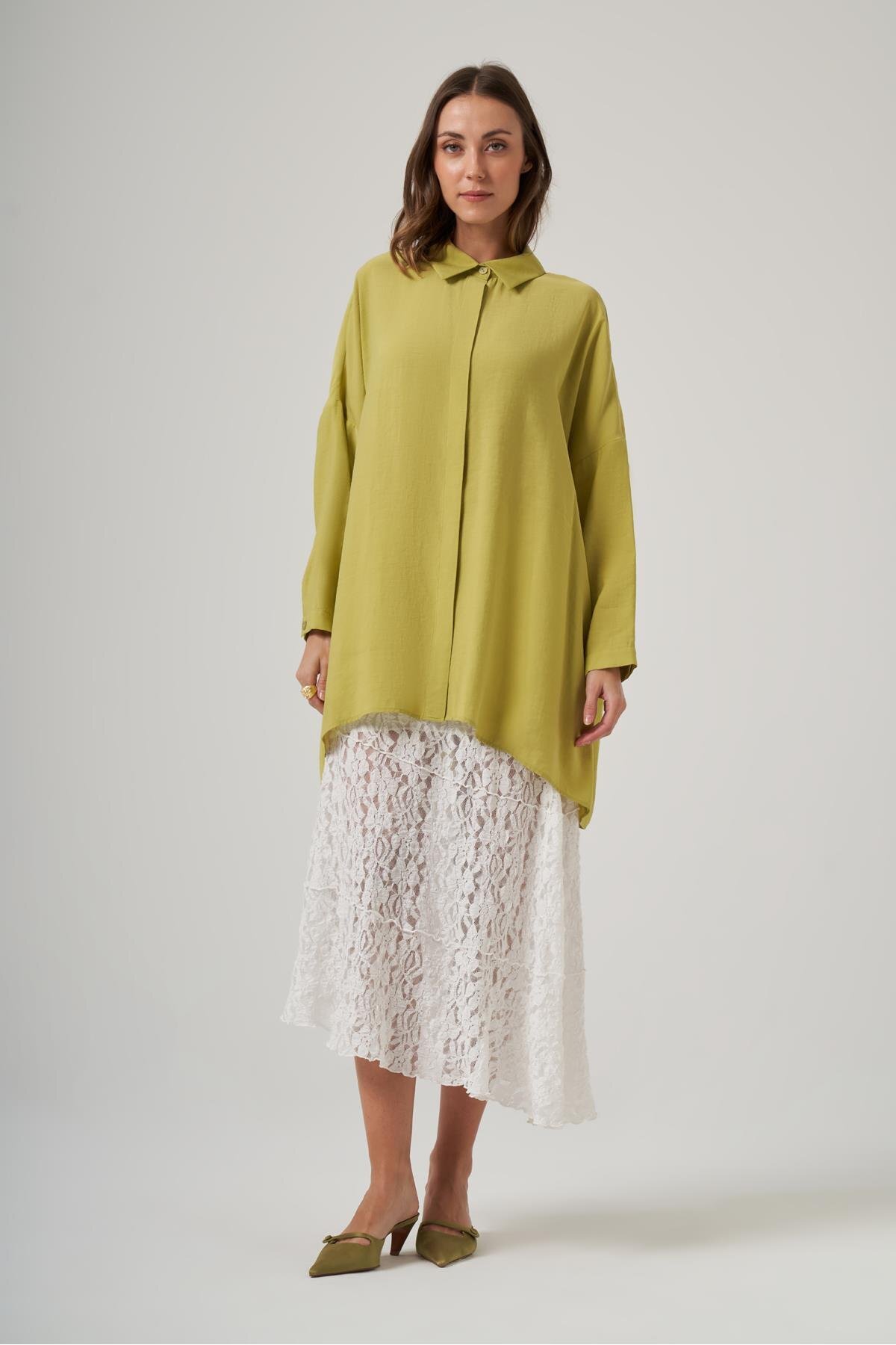 3001 Asymmetrical Cut Concealed Patterned Shirt - Amber
