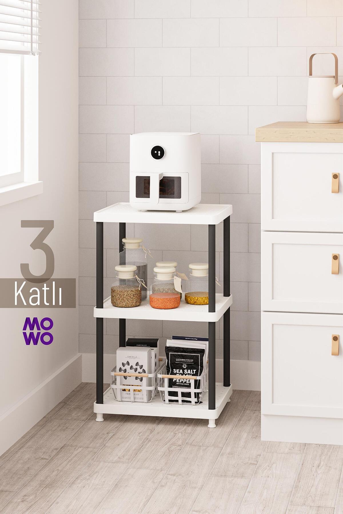 3-Tier White-Black Leg 40x33 Plastic Bathroom Shelf System, Kitchen Shelf Pantry, Multi-Purpose Organizer