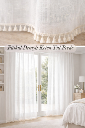 Perdeplus Püsküllü Keten Tül Perde Beyaz – Korniş Uyumlu & Rustik Halkalı –Bo...
