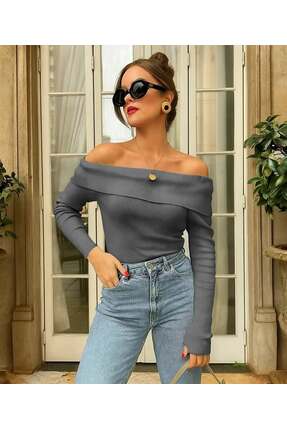 CELİORA STYLE Kadın Kayık Yaka Omuz Açık Fitilli Triko Bluz Uzun Kollu Slim F...