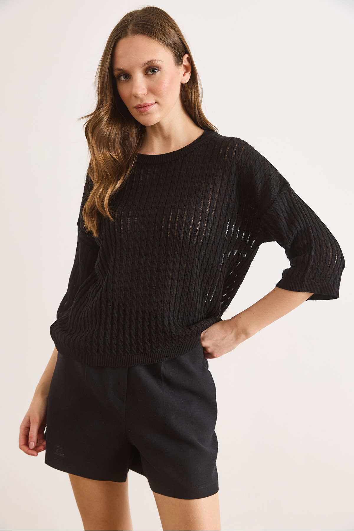 بلوز بافتنی زنانه مشکی مدل Ajurlu Loose Fit کد BLZ-19003225