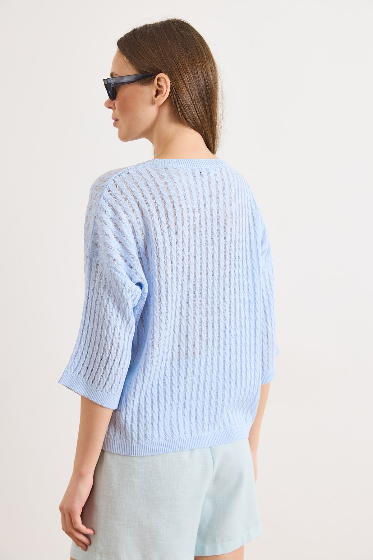 بلوز بافتنی زنانه آبی نوزادی مدل Ajurlu Loose Fit BLZ-19003225