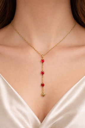 FASHION Paslanmaz Çelik Kırmızı Taşlı Romantik Kalp Y Kolye