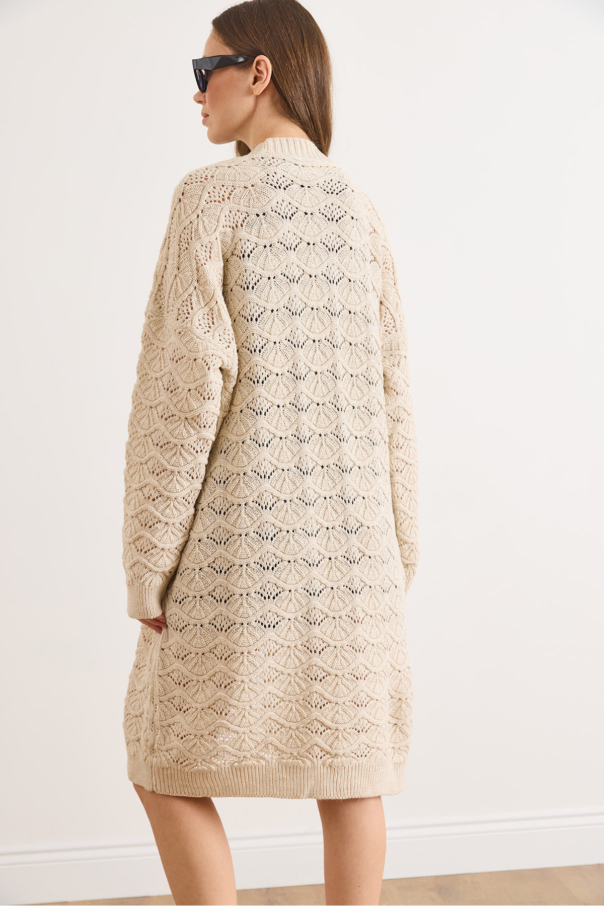 Olalook  Kadın Taş Deniz Kabuğu Desenli Uzun Mevsimlik Triko Hırka HRK-19000468 - Görsel 6