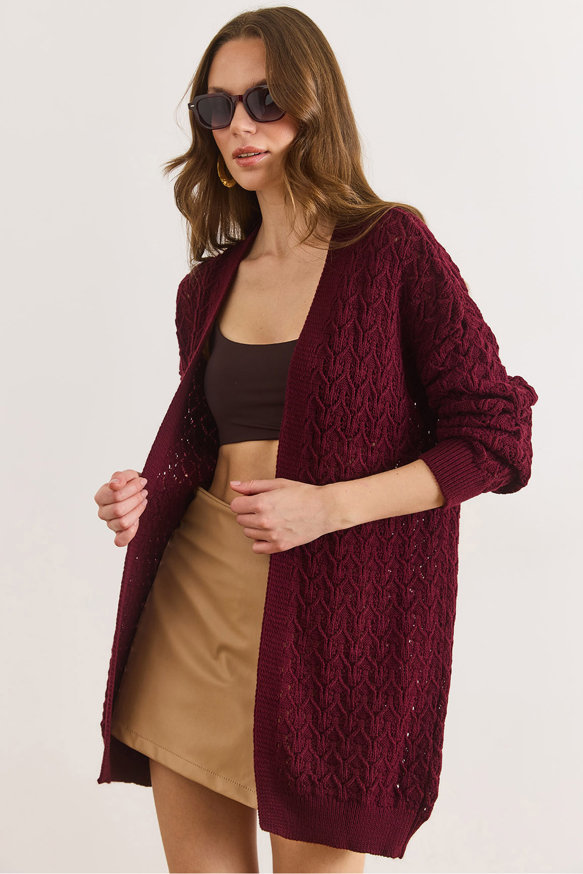 Women's Claret Red Tiny Baklava Openwork Knit CardiganHRK-19000469