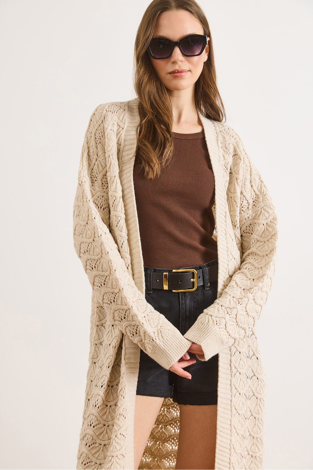 Olalook  Kadın Taş Deniz Kabuğu Desenli Uzun Mevsimlik Triko Hırka HRK-19000468 - Görsel 5