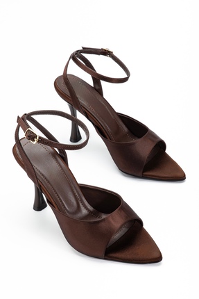 BY BERLE SHOES Kadın Kahve Saten Bilekten Bağlama Detaylı Arkası Açık Sivri B...