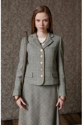 Fatma Atasoy Ekose Kazayağı Haki Blazer Ceket Etek Takım
