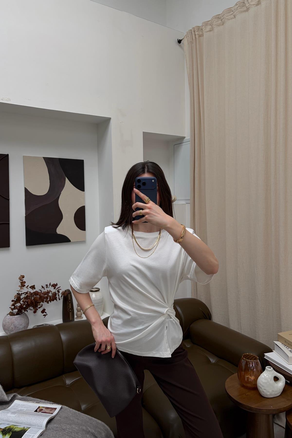 mylove  Vatkalı Ön Büzgü Detay Tshirt Beyaz - Görsel 3