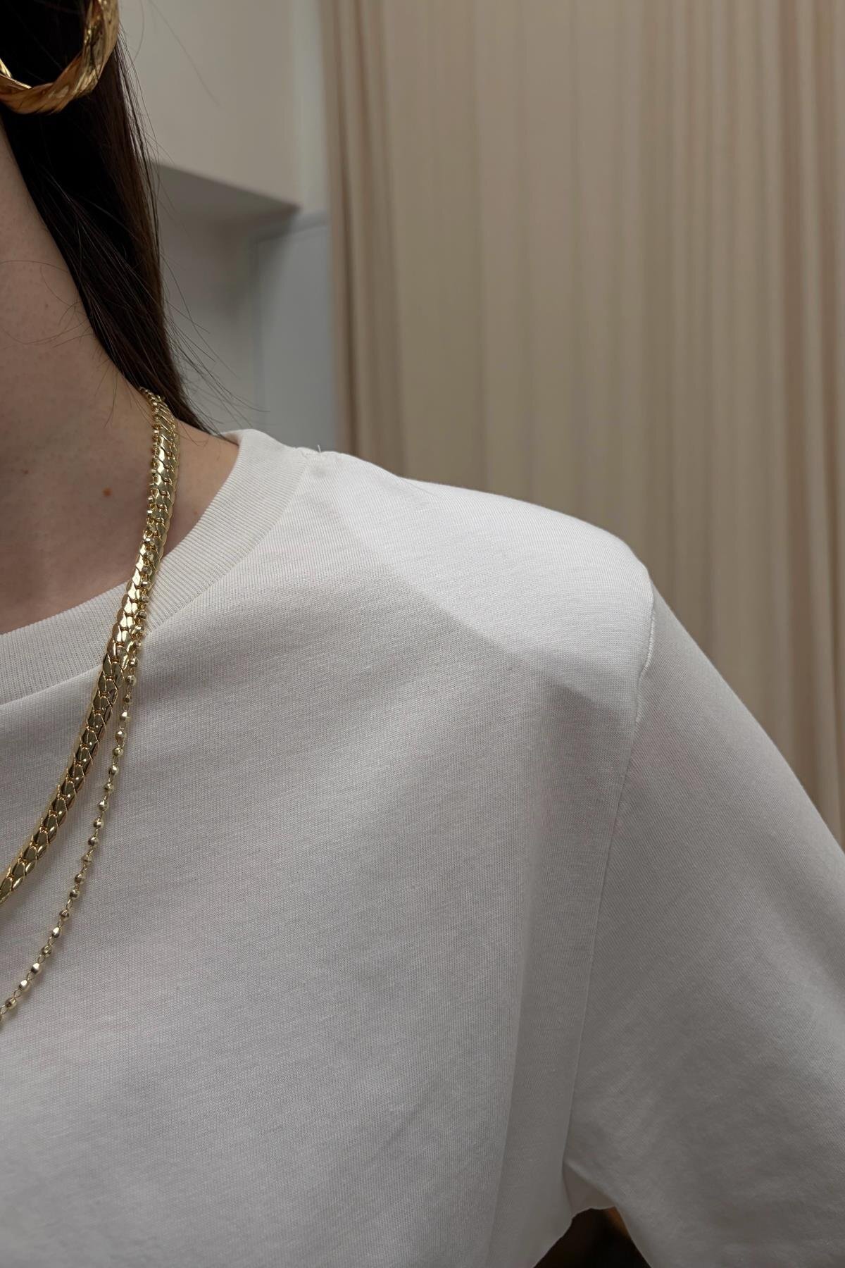 mylove  Vatkalı Ön Büzgü Detay Tshirt Beyaz - Görsel 5