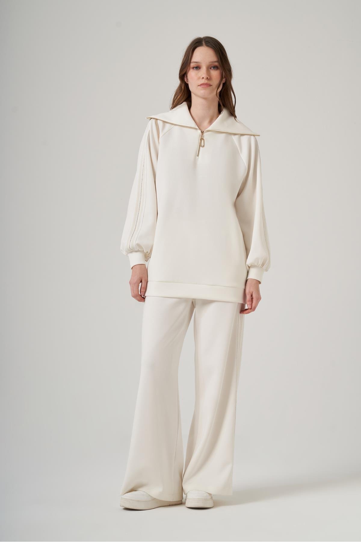 1093 Half Zipper Strip Detail Pants Set - Ecru