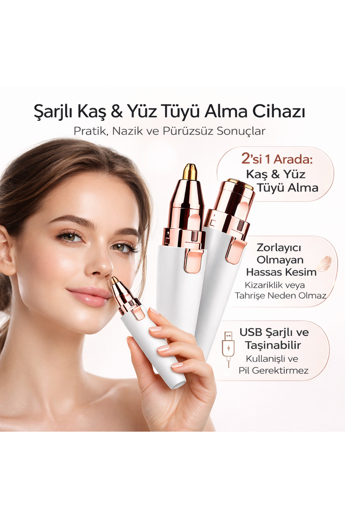 Coverzone Blawless 2in1 Şarjlı Kaş ve Yüz Tüy Alma Cihazı USB Mini Epilatör Acısız Hassas Düzeltici HX-202B - Fiyatı, Yorumları