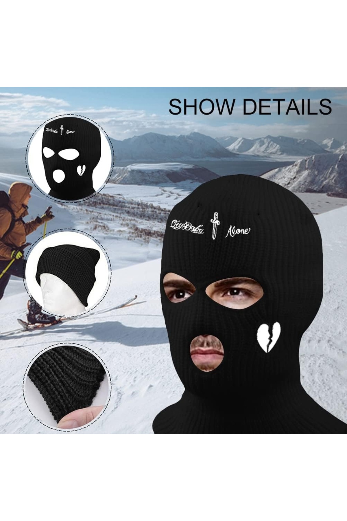 FG KONNİCHİWA Siyah Kılıç Nakışlı 3 Gözlü Kar Maskesi 2026 sezon Gotik Siyah Kar Maskesi (Balaclava), Unisex görsel 5