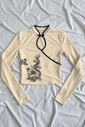 ARS Butik China Style Dragon Ekru Mandarin Yaka Vintage Y2K Uzun Kollu Crop Body