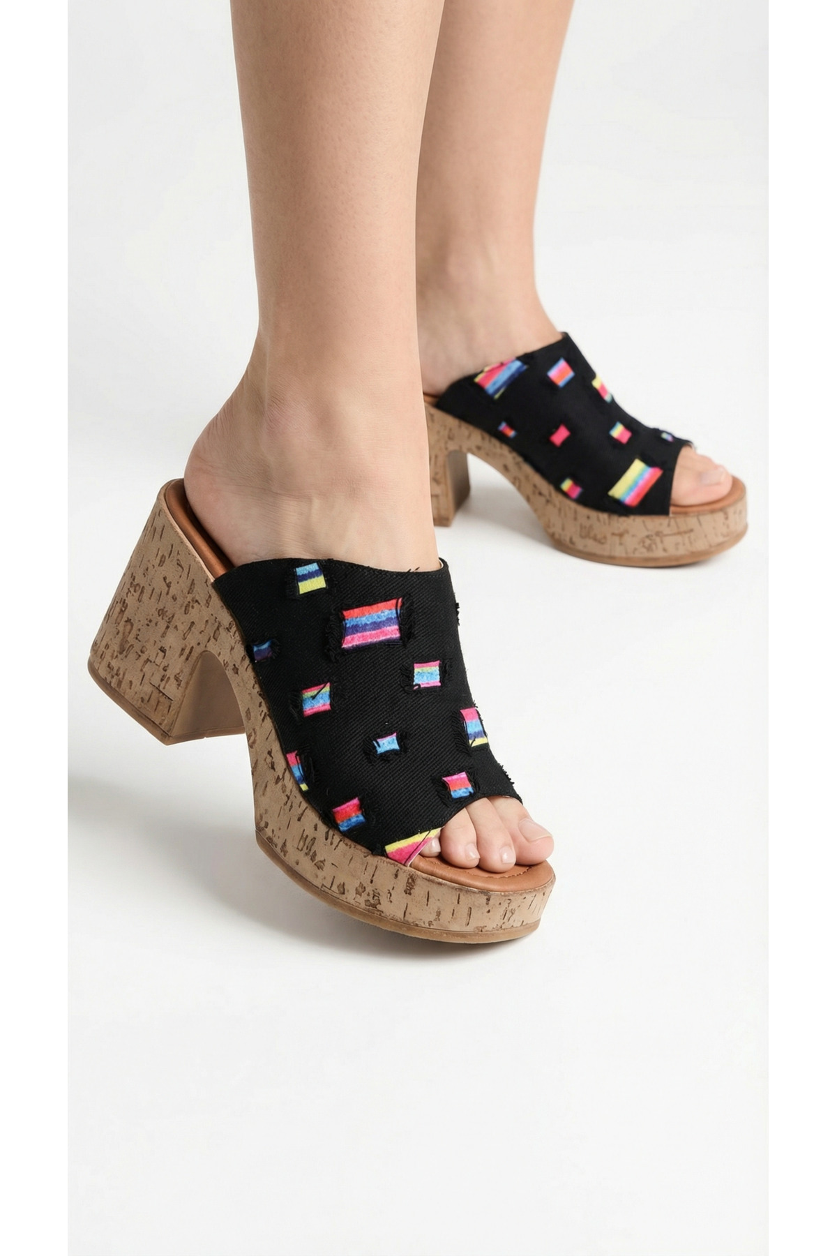 Women's Casual High Heel Summer Slipper Sandals with Colorful Flag Detail