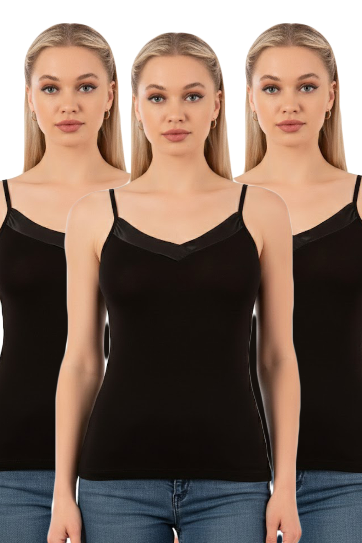 Özkan 2040 3-Pack Women's Premium Fabric Viscose Satin Collar Flexible Comfortable Thin Strap Singlet