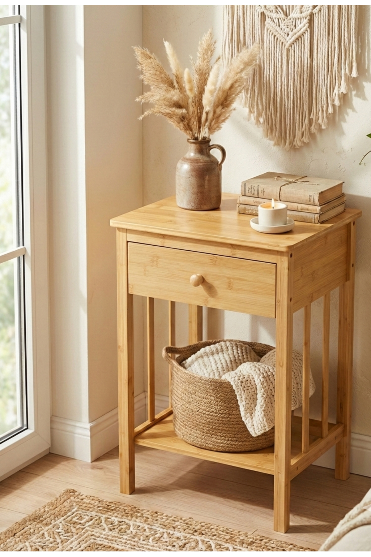 Natural Bamboo Single Drawer Side Table with Shelf