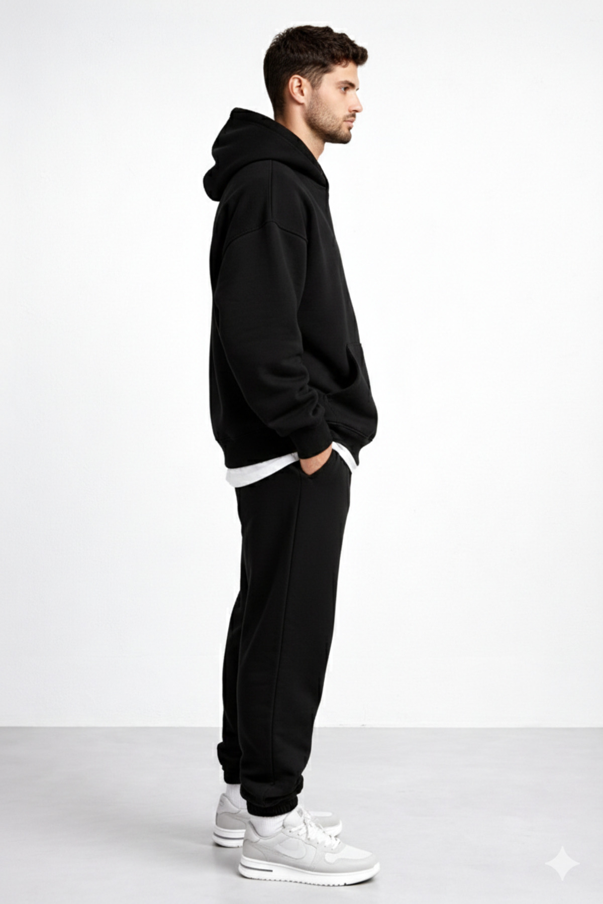 Regular Unisex Kapüşonlu Basic Düz İçi Kalın Polarlı Eşofman Takımı — مشکی RBTKS001 — تصویر 6 از 6