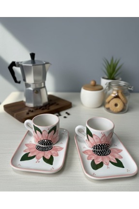 FERZANE CERAMİC Pembe Ayçiçeği Desenli 2'li Seramik Kahve Fincan Takımı