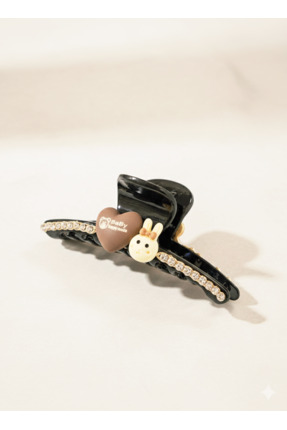 AURA CONCEPTS Taşlı Kalp ve Tavşan Figürlü Lüks Mandal Kelebek Toka - Siyah O...