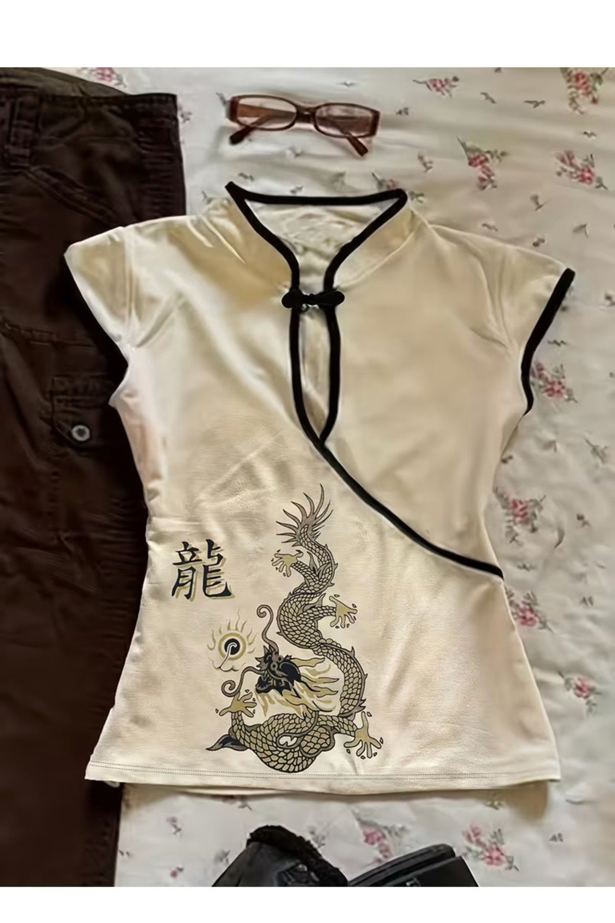 Köstebek  China Style Mandarin Yaka Vintage Dragon Kısa Kollu Bluz - Görsel 2