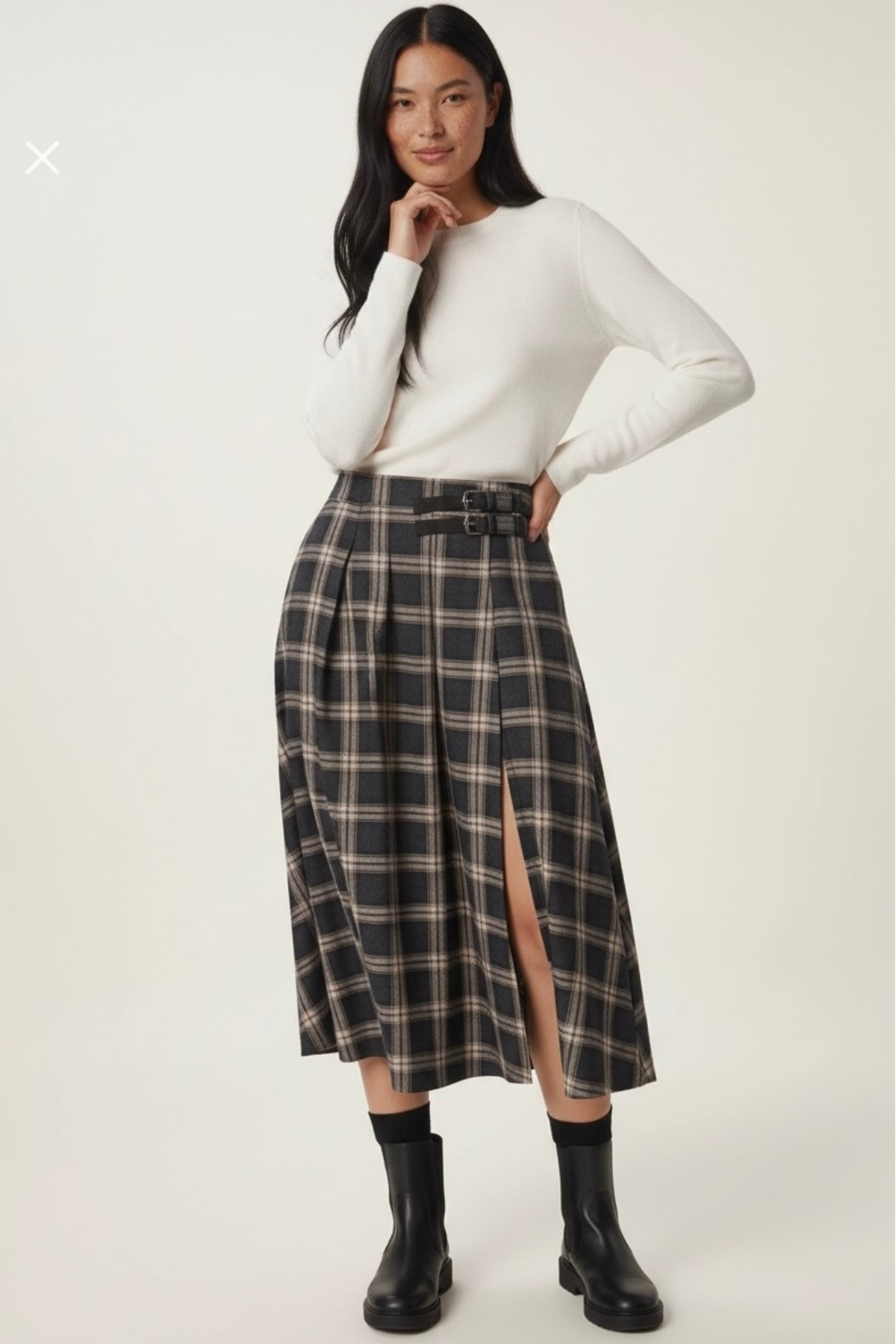 Hisleria  Kadın Kemer Detay Kareli Yırtmaçlı Kloş Etek - Antrasit Vizon - Görsel 3