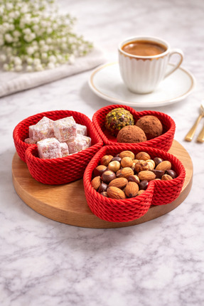 ABENOVA Kalpli Kahve Sunumluk 3’lü Set – Lokumluk & Çerezlik Kırmızı