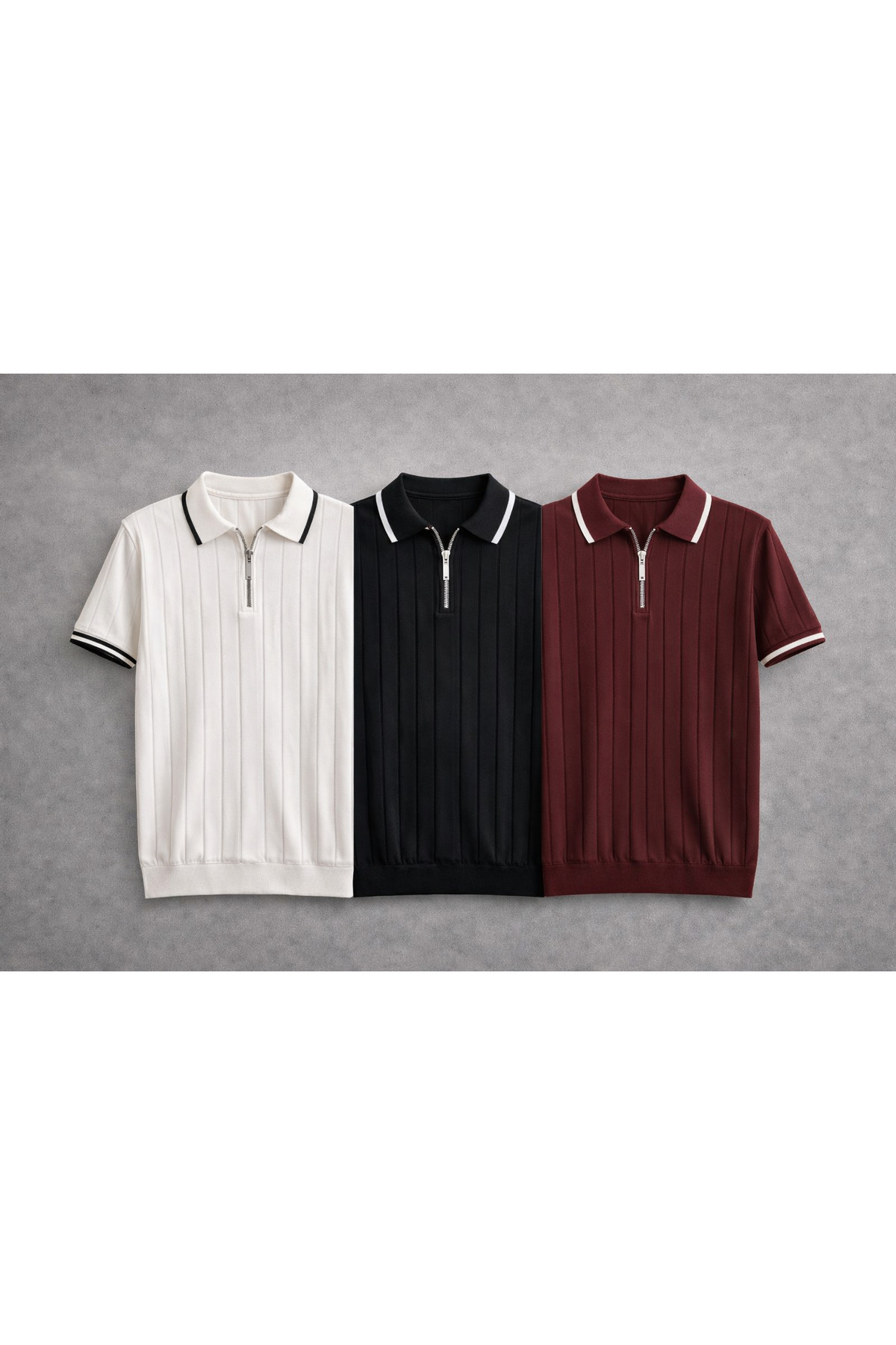 pepule  Erkek 3'lü Polo Yaka siyah beyaz bordo Triko Dokulu yarım fermuarlı Regular Pamuklu T-shirt - Görsel 2