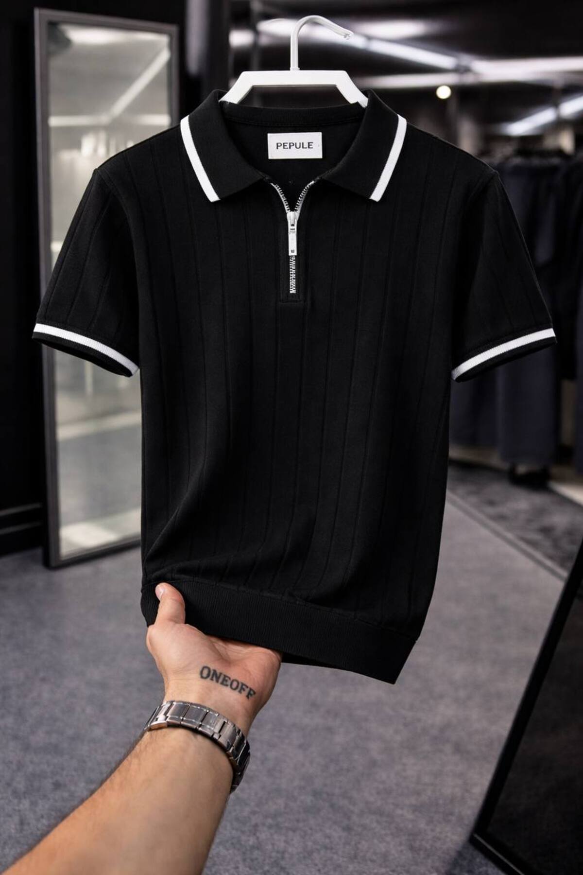 pepule  Erkek Polo Yaka Triko Dokulu yarım fermuarlı Regular Pamuklu T-shirt