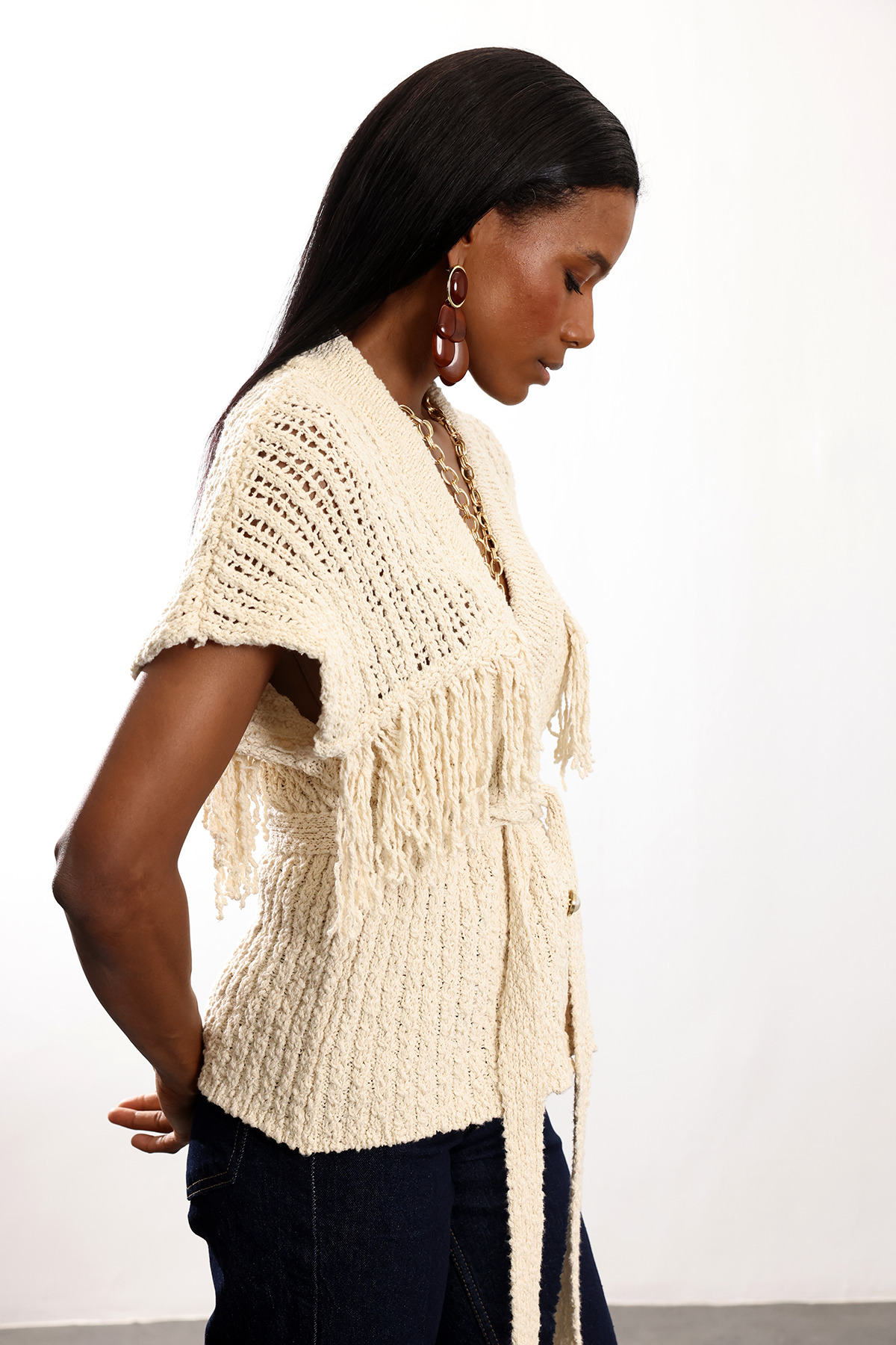 5in1Canpolat  Bej Kuşaklı Merserize Hırka 2594 - Görsel 5