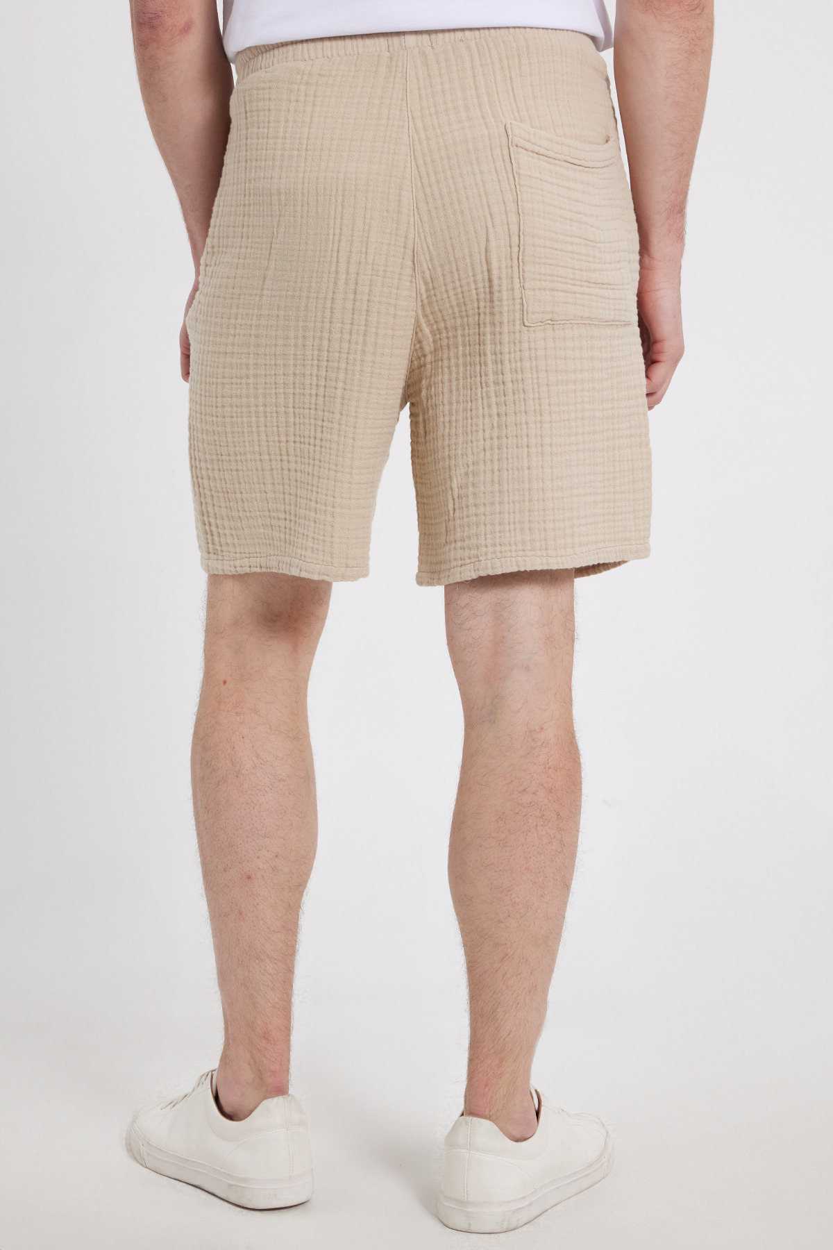 Tudors  Erkek Regular Fit Rahat Kesim Müslin %100 Pamuk Beli Lastikli Cepli Bağcıklı Bej Şort - Görsel 6