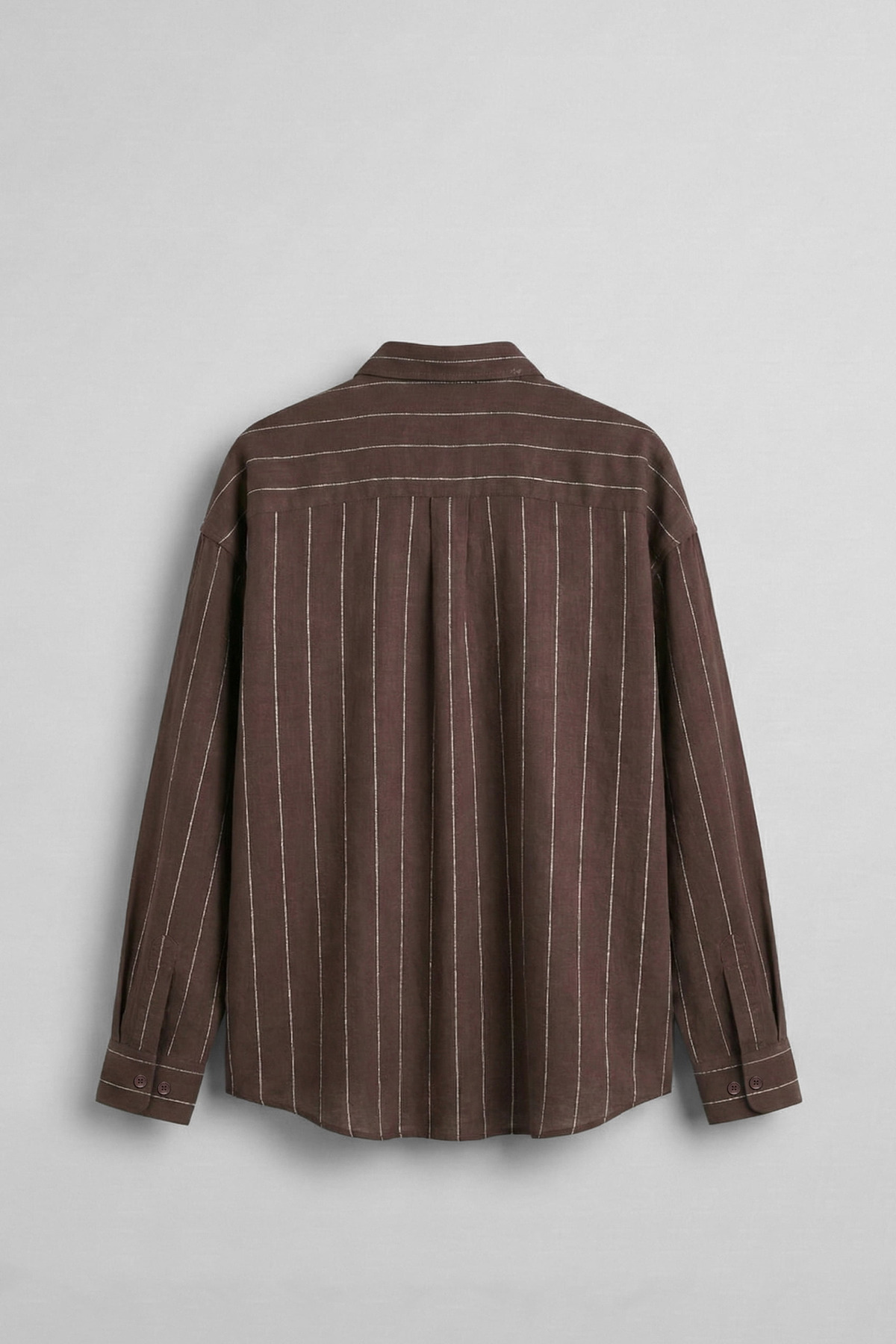 ablukaonline  Erkek Oversize Çizgili Keten Uzun Kollu Gömlek Kahverengi - Görsel 2