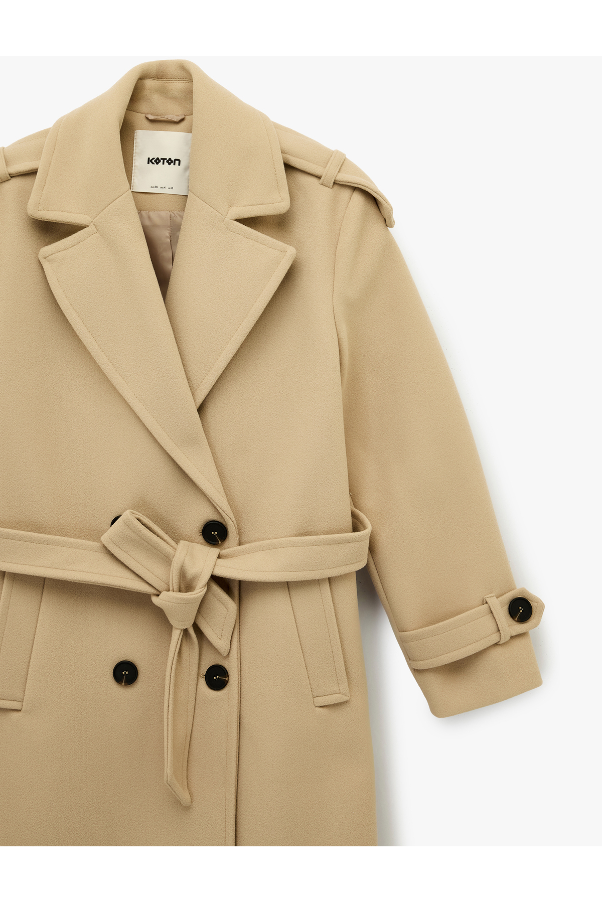 Koton  Uzun Kollu Cepli Düğmeli Kuşak Detaylı Kruvaze Kaşe Trenç Kaban - Görsel 5