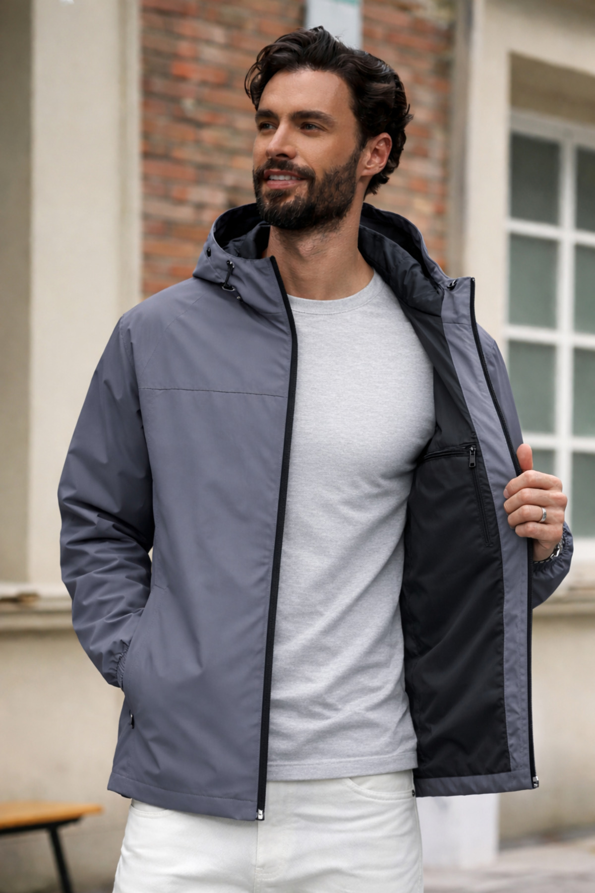 DAMGA JEANS Erkek Çizgili Trend Astarlı Füme Yağmurluk görsel 2