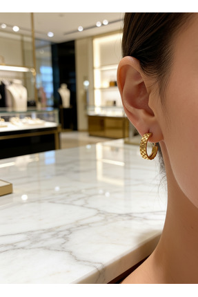 Noi jewelry Vintage Esintili Kaburga Desenli Gold Küpe