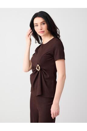 Jimmy Key Acı Kahve Bisiklet Yaka Kısa Kollu Büzgü Detaylı Örme Bluz