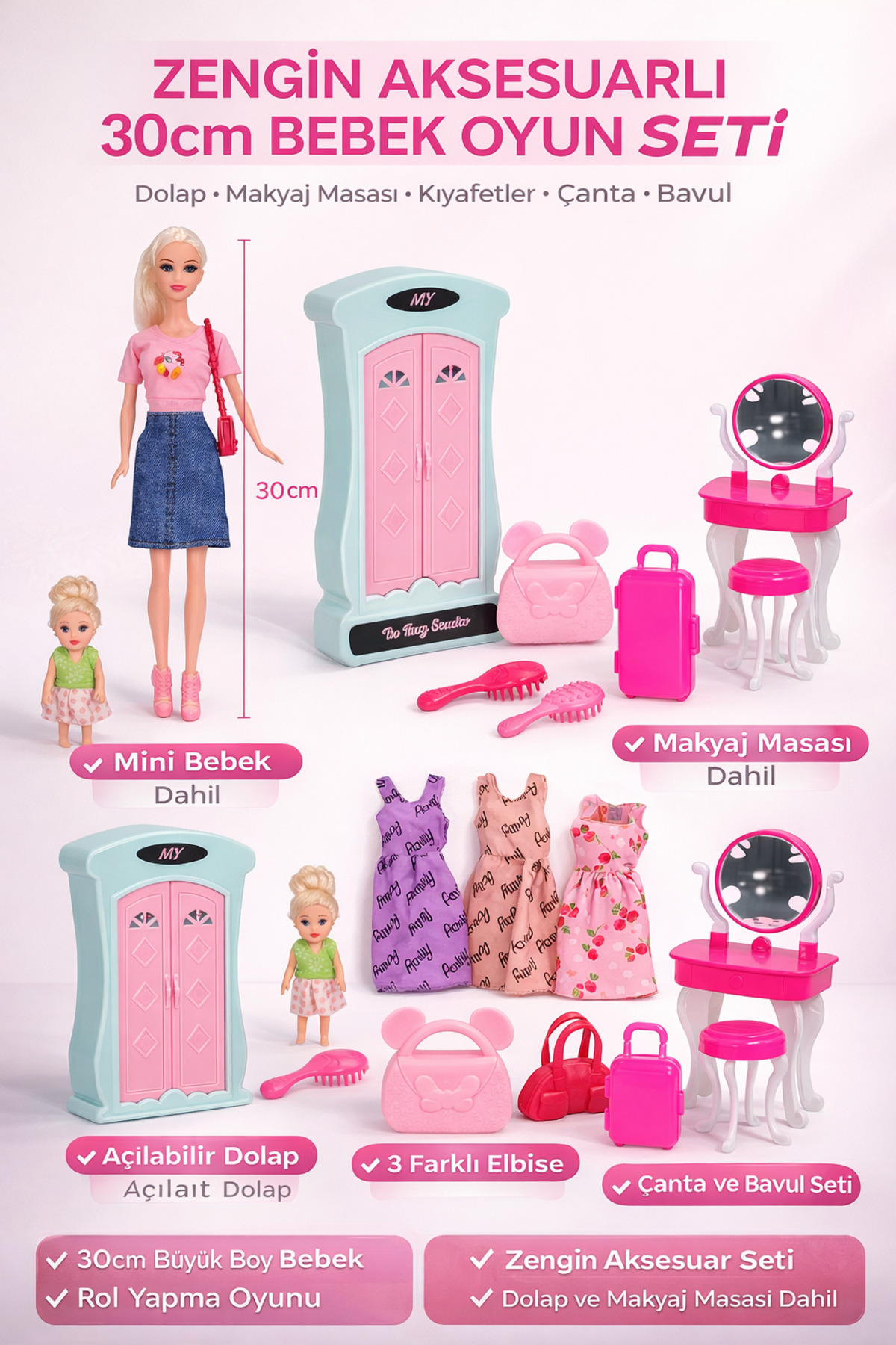 YILDIRIM OYUNCAK 30cm Oyuncak Bebek Cindy Doll Dolaplı Bebek Oyun