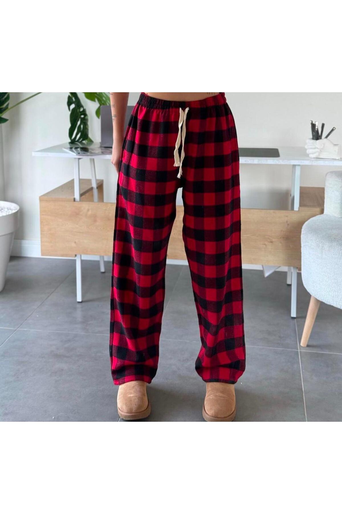 RE7EDİ kırmızı siyah Harajuku Kare Desenli Unisex Pijama Eşofman