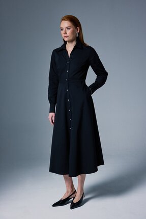 Sateen Uzun Düğme Detaylı Elbise - Siyah