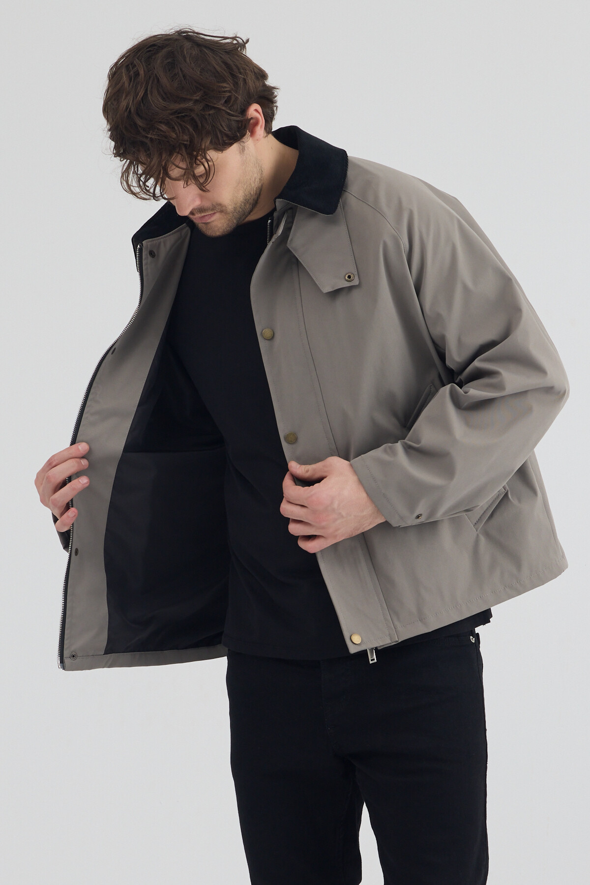 Erkek Vizon Kontrast Yaka Oversize Mevsimlik Mont — رنگارنگ kontrastmm — تصویر 7 از 8