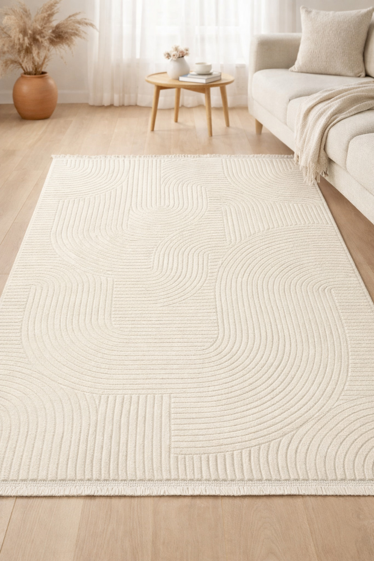 Relief Flat Fringed Joy Cream Non-Slip Base Washable Living Room Kitchen Corridor Rug Runner Rug