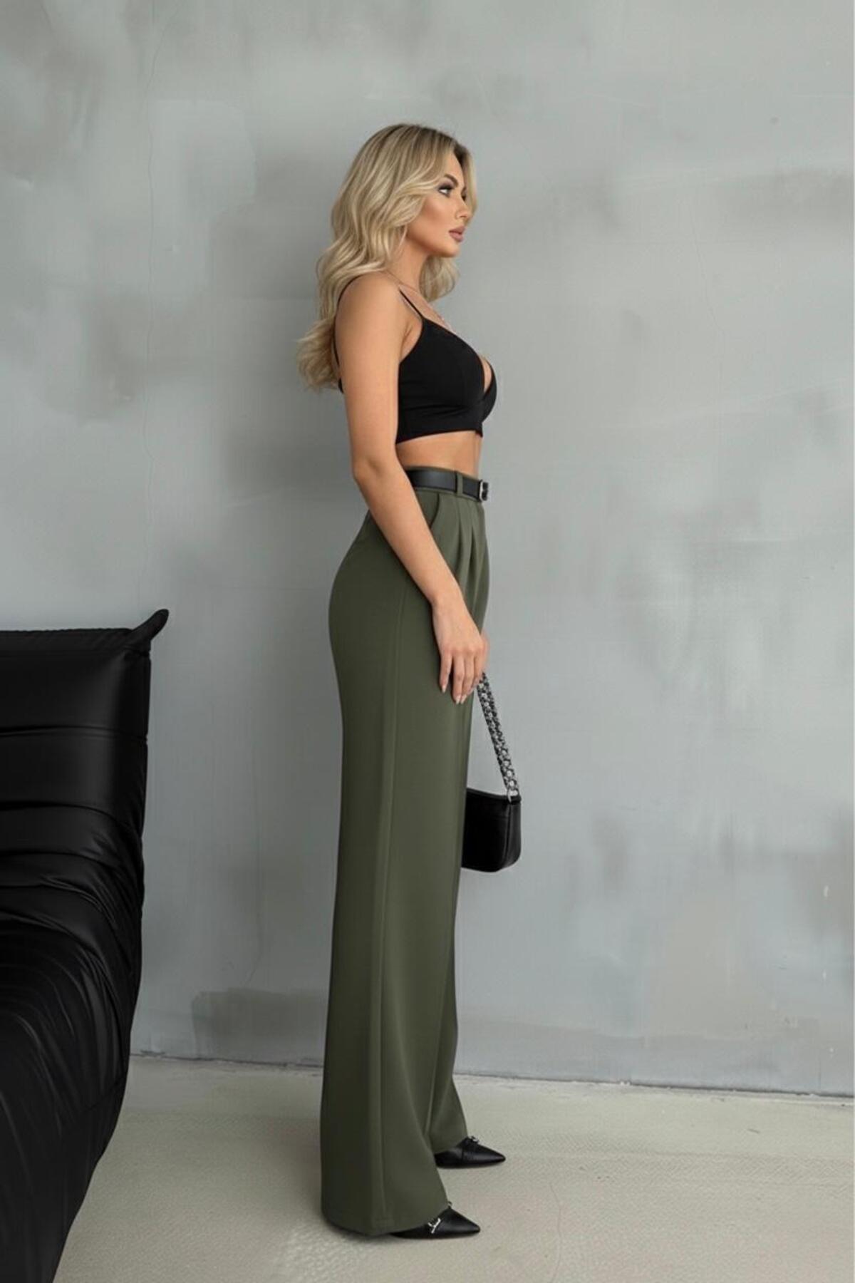 JACK CAPRİO  Kadın Palazzo Pileli Pantolon İthal DoubleFace Kumaş Yüksek Kaliteli Ürün Yüksek Bel Kemerli - Görsel 4