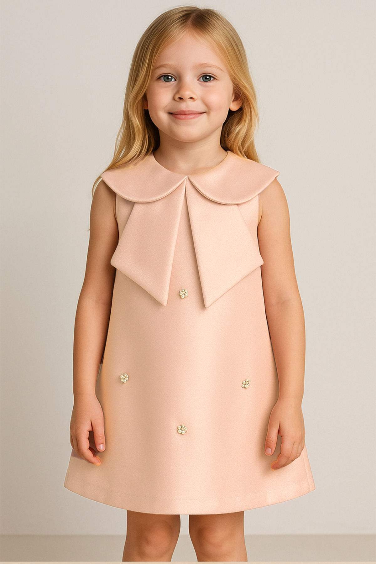 Girl Dress with Pearl Embroidery – For Special Occasions with Elegant Collar Design