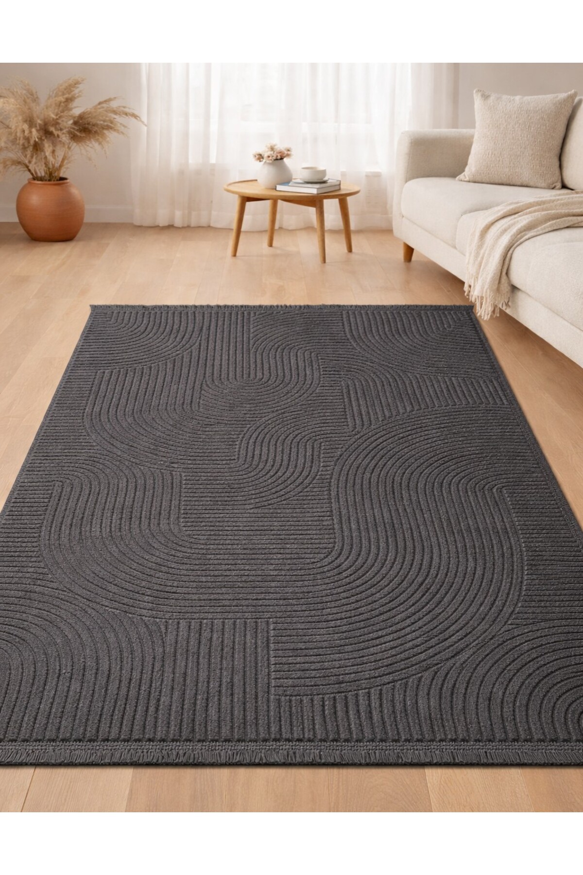 Relief Classic Fringed Joy Anti-Slip Floor Living Room Kitchen Corridor Carpet Runner Rug ANTHRACITE