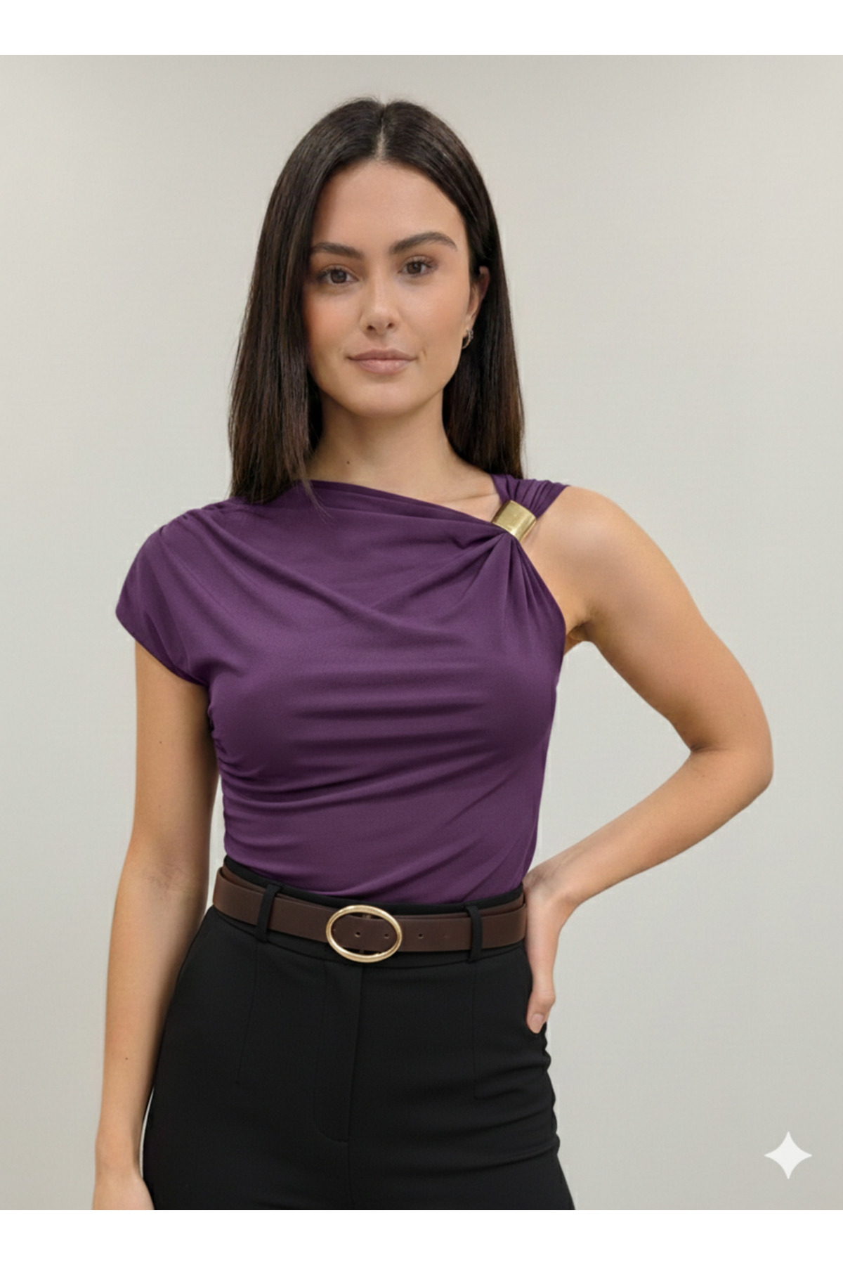 Shirred Shoulder Buckle Detailed Blouse Sendy Fabric